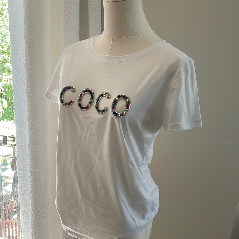 White T-Shirt Colorful Beaded 'COCO' NWOT Boutique Fashion top Small inspired - Picture 5 of 9
